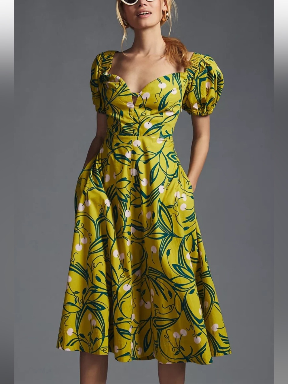 Maeve by Anthropologie puff sleeve sweetheart dress chartreuse cherries size 10